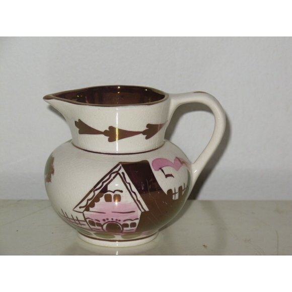 Old Castle Other - Old Castle Copper Lusterware Creamer House‎ Pink Accents 3"